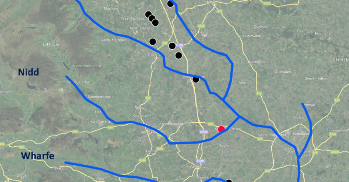 A map showing how the most recently discovered henge lines up with several of the others in North Yorkshire, including the three at Thornborough.