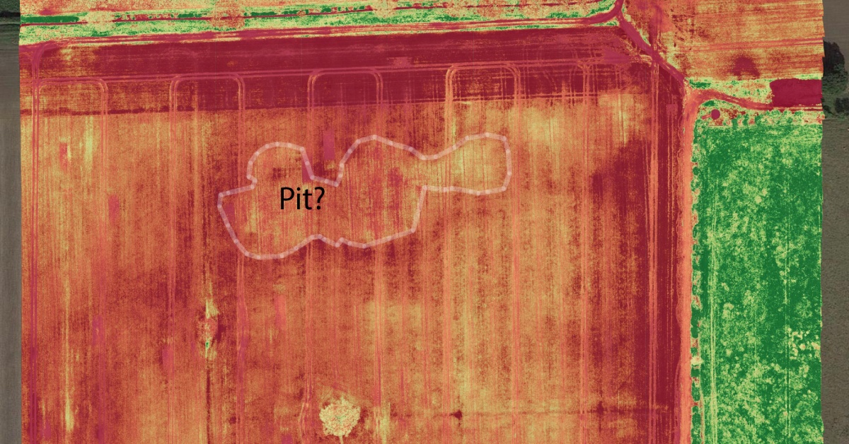 Multispectral image taken by a drone of a field near Tockwith where burial pits are believed to have been found containing the remains of thousands of Royalist soldiers.