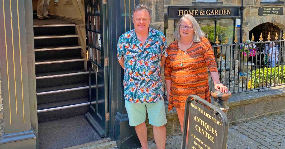 Photo of Vincent Page and Lesley White outside the antiques centre they have just taken over in Harrogate's Montpellier Quarter.