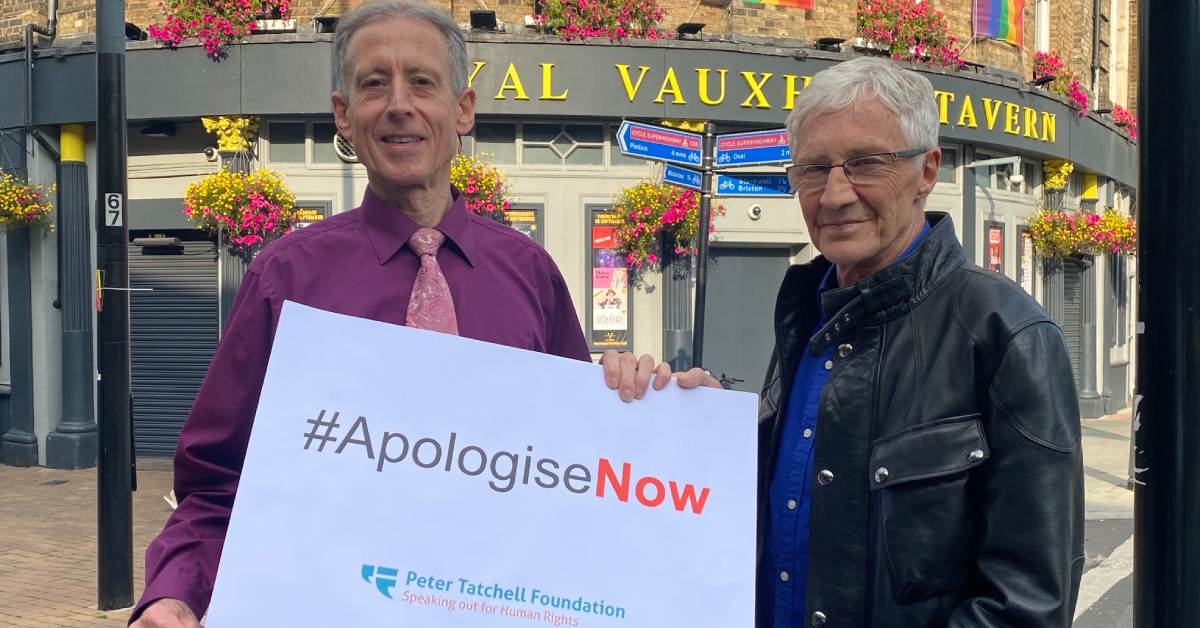 Photo of human rights campaigner Peter Tatchell and broadcaster and comedian Paul O'Grady at the launch of the Peter Tatchell Foundation's #ApologiseNow campaign.