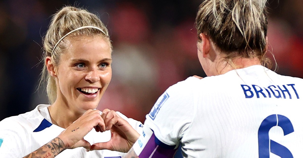 Rachel Daly celebrating with captain Millie Bright. Photo: England Lionesses