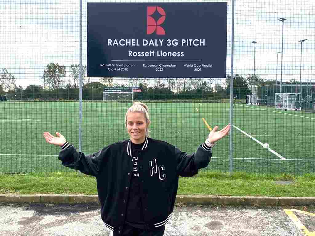 Rachel Daly at Rossett School next to her new pitch.
