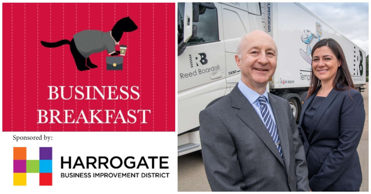 Composite image of, on the left, the Stray Ferret Business Breakfast and Harrogate BID logos, and on the right, a photo of Marcus Boardall, chief executive of Reed Boardall, with group finance director Sarah Roberts.