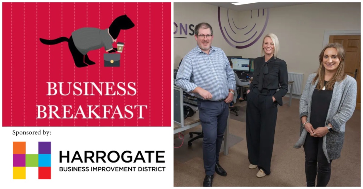 Composite image of, on the left, the Stray Ferret and Harrogate BID logos, and on the right, the team at Robinsons Facilities Services in Harrogate.