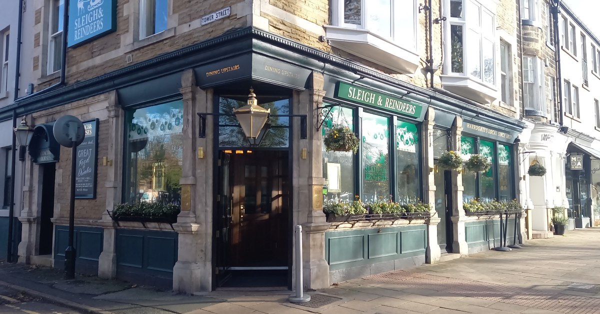Photo of the Coach and Horses in Harrogate, with its new - but temporary - signage, which shows the pub's seasonal name, the Sleigh and Reindeers.