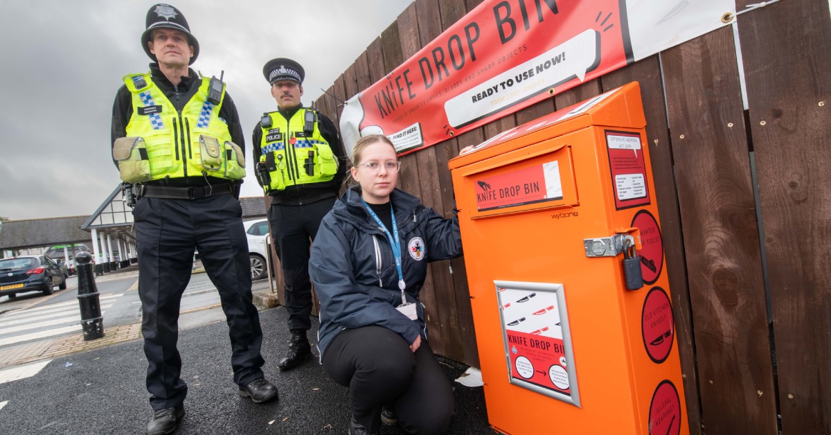 Photo of North Yorkshire Council’s community safety officer, Evie Griffiths, with North Yorkshire Police officers, PCs Brendon Frith and Kelvin Troughton, at the knife-drop bin in Harrogate