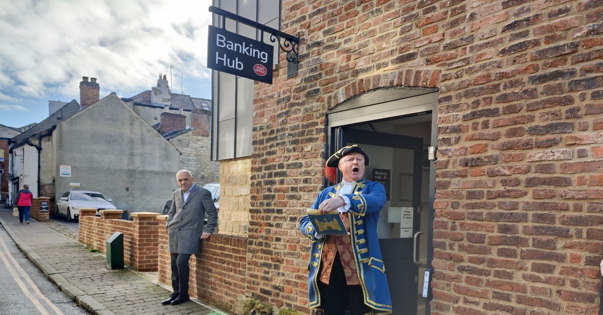 Knaresborough Town crier at the opening of the new banking hub.
