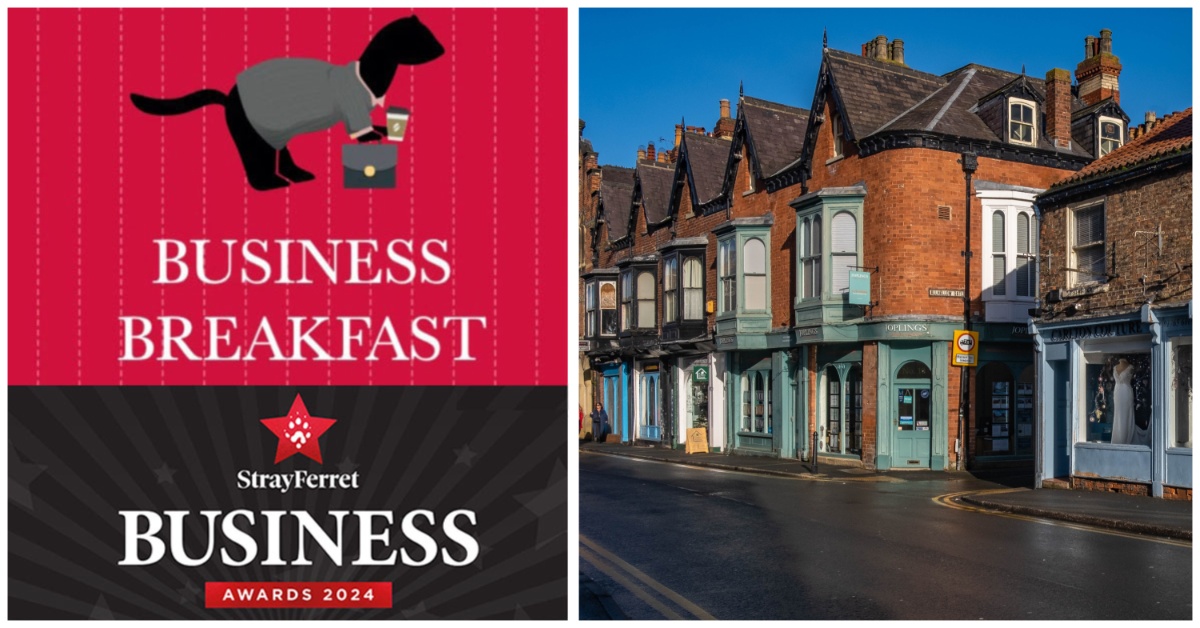 Composite image of, of the left, the Stray Ferret Business Breakfast logo, and on the right, a row of shops in Ripon.