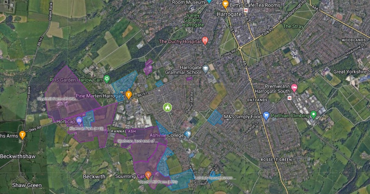 A satellite map showing the 'Western Arc' of current and proposed development areas in Harrogate.