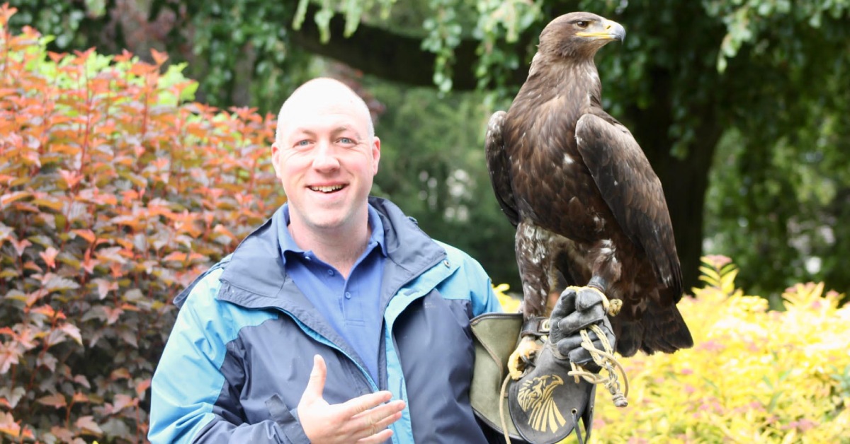 Photo of Ryan Stocks, owner of Ripon-based Owl Adventures, with Storm, a 10-year-old female steppe eagle.