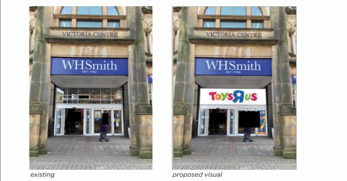 Two photos, one showing WH Smith's Harrogate store as it currently is, and the other a designer's impression of how the new Toys R Us sign will look.